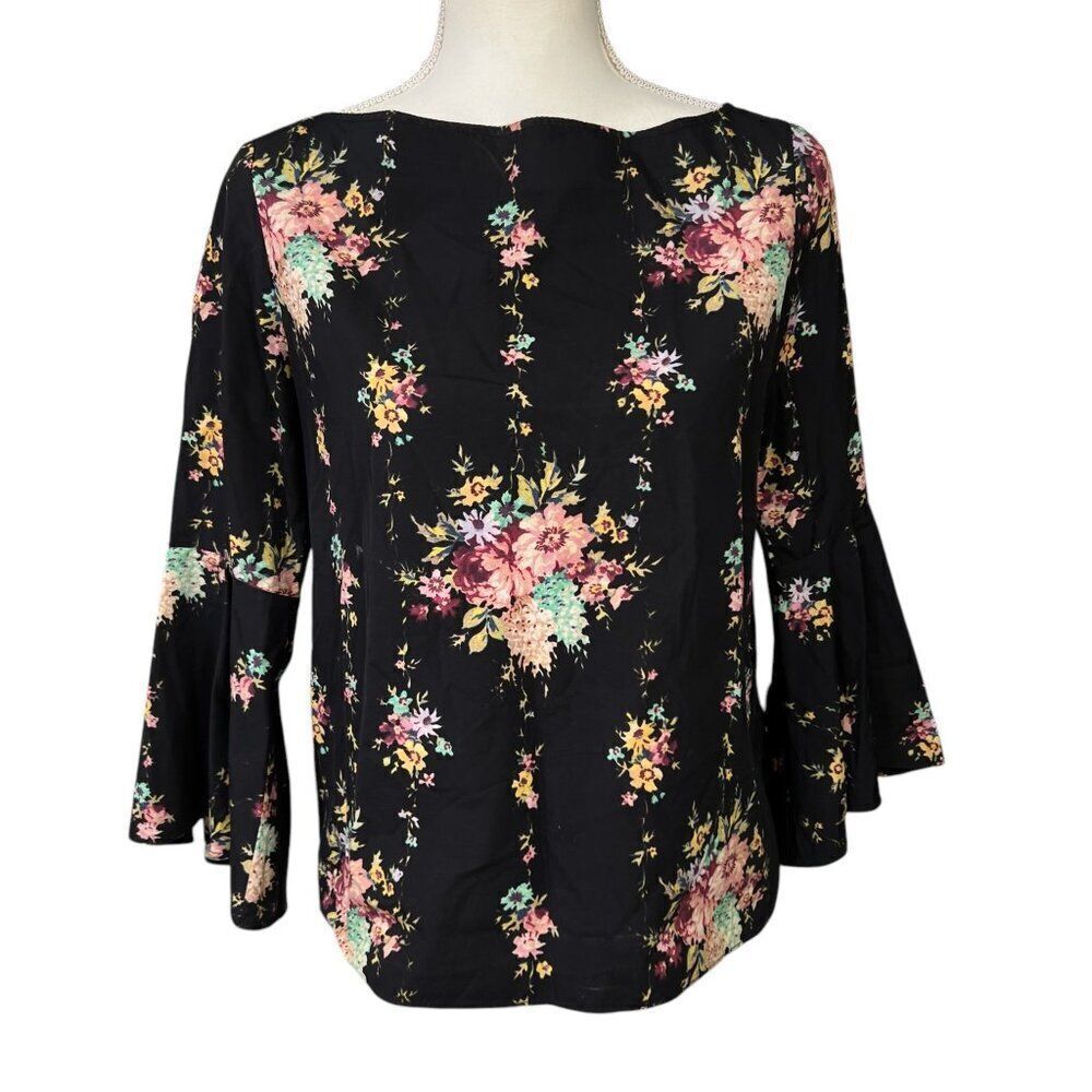 Alice + Olivia Shirley Floral Bell Sleeve Top Black Size Small
